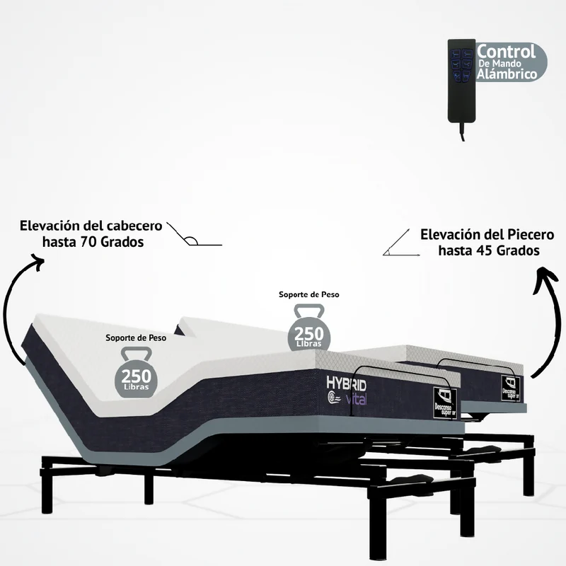 Cama Eléctrica Ajustable Easy Bed Control Alámbrico Gris Plomo /160x190 Dividida + Colchón Hybrid Vital