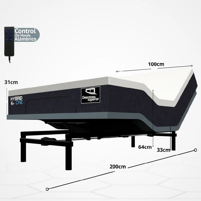 Cama Eléctrica Ajustable Easy Bed Control Alámbrico Gris Plomo /100x200 + Colchón Hybrid One
