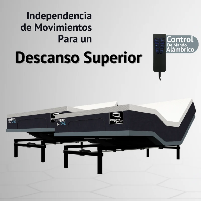 Cama Eléctrica Ajustable Easy Bed Control Alámbrico Gris Plomo /160x190 Dividida + Colchón Hybrid One