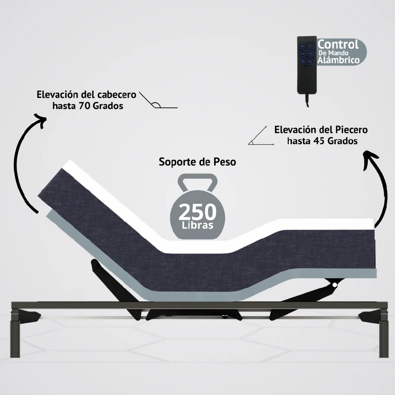 Cama Eléctrica Ajustable Easy Bed Control Alámbrico Gris Plomo /100x190 + Colchón Hybrid One