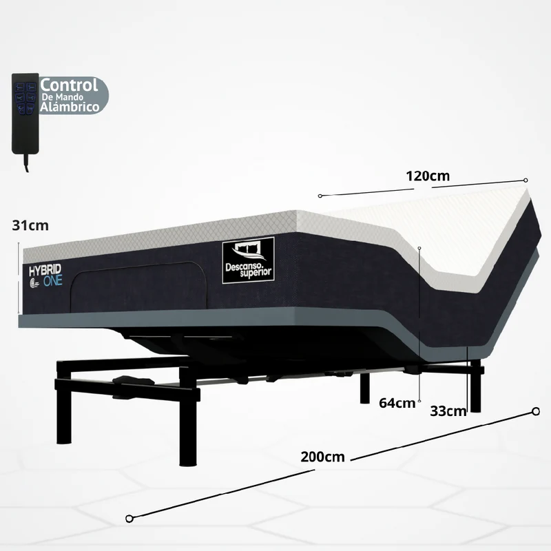 Cama Eléctrica Ajustable Easy Bed Control Alámbrico Gris Plomo /120x200 + Colchón Hybrid One