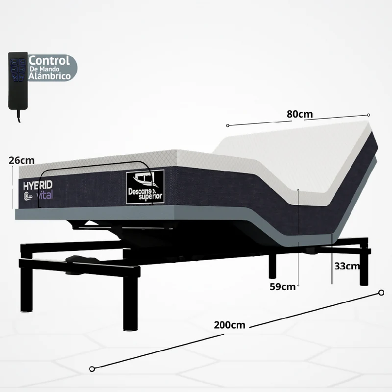 Cama Eléctrica Ajustable Easy Bed Control Alámbrico Gris Plomo /80x200 + Colchón Hybrid Vital