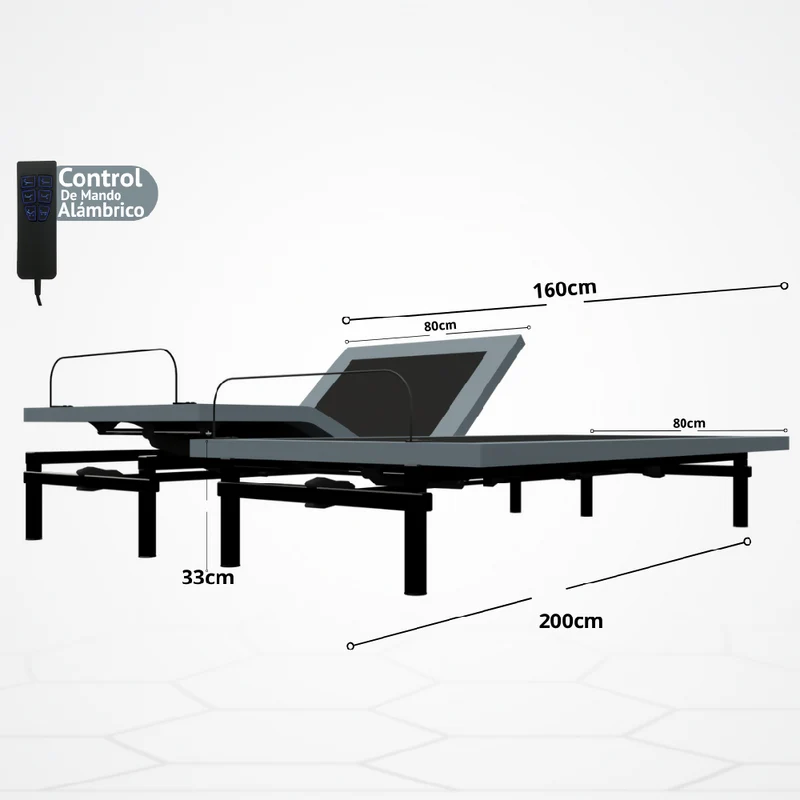 Cama Eléctrica Ajustable Easy Bed Control Alámbrico Gris Plomo /160x200/Dividida / sin Colchón
