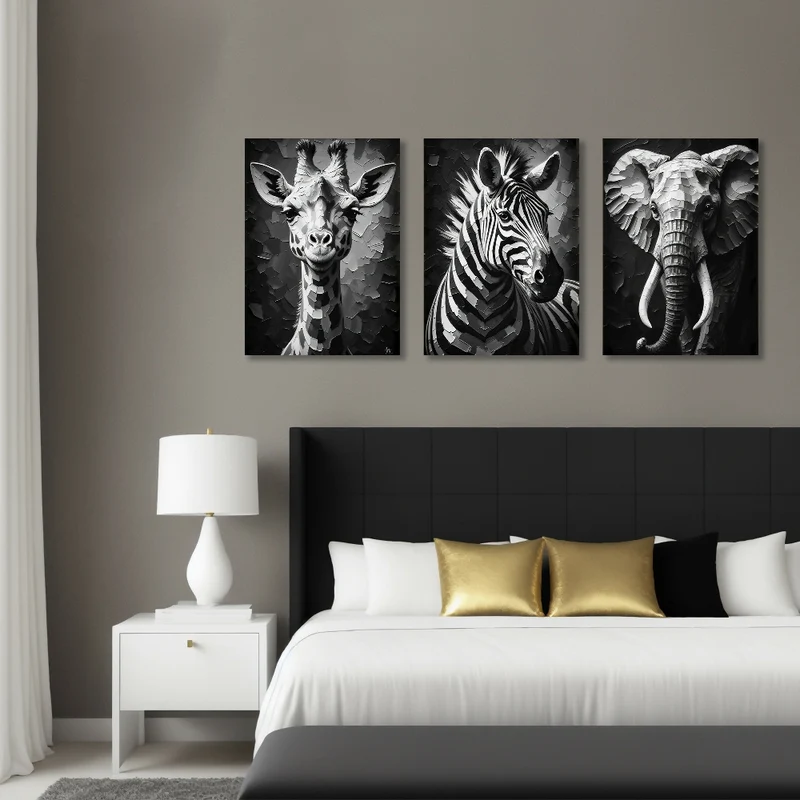 Lienzo Tríptico Safari en Blanco y Negro Set X3 60x43cm c/u