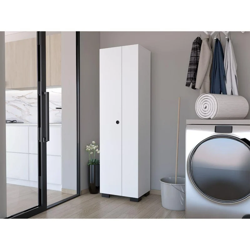 Mueble de Aseo Blake, Blanco, con Gran Espacio para Almacenar Artículos de Aseo y Colgadero de Escobas ZF