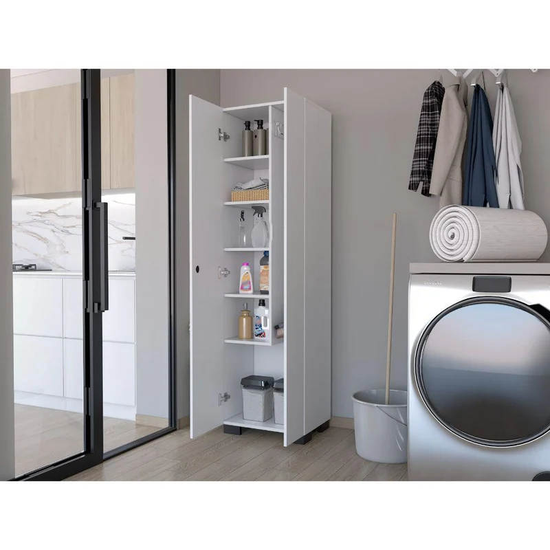 Mueble de Aseo Blake, Blanco, con Gran Espacio para Almacenar Artículos de Aseo y Colgadero de Escobas ZF