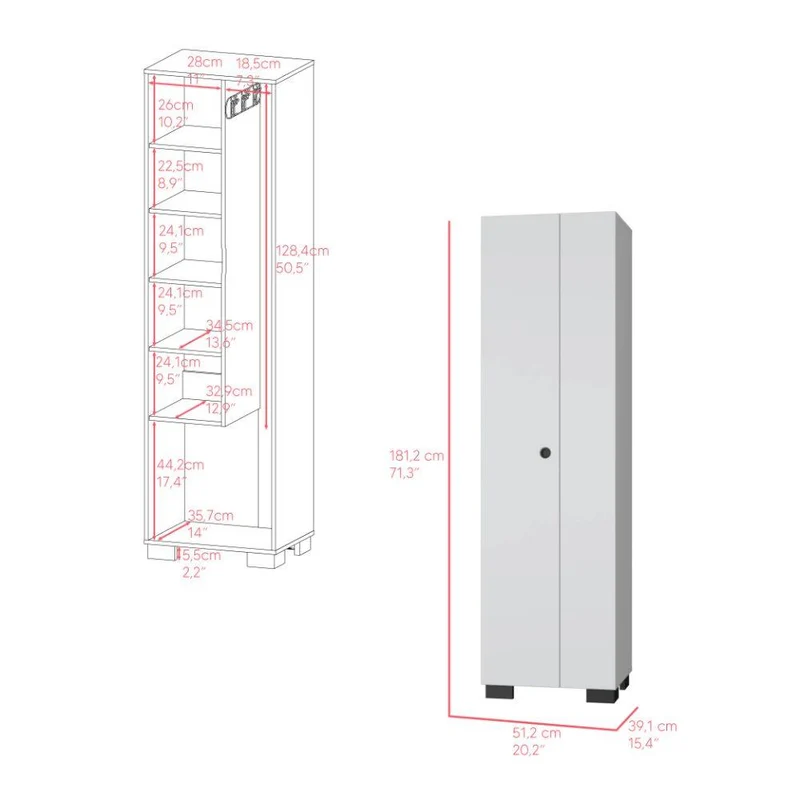 Mueble de Aseo Blake, Blanco, con Gran Espacio para Almacenar Artículos de Aseo y Colgadero de Escobas ZF