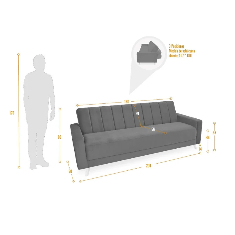 Sofá Cama Dominic Reclinable 3 Posiciones 206x90x80 Tela Petróleo