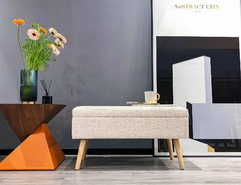 Puff Baúl Sala o Dormitorio Patas en Madera Natural Beige