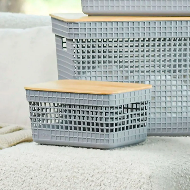 Cesta Grid con Tapa de Bambú Color Plomo