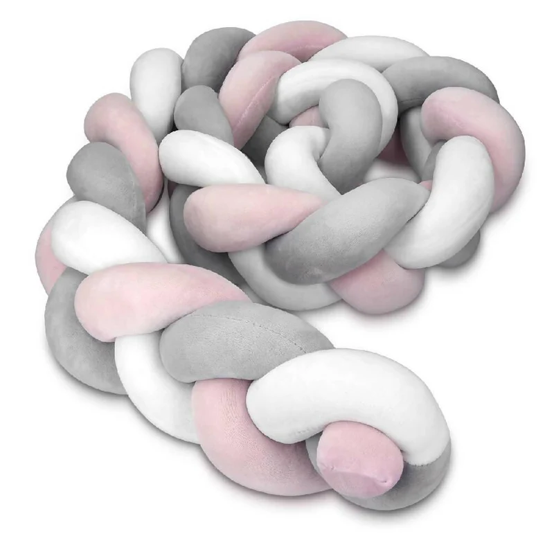 Cojín Protector para Cuna Trenza 2 Metros Rosado y Gris