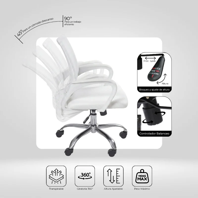 Kit por 2 Silla para Oficina Escritorio Ergonómica - Blanca