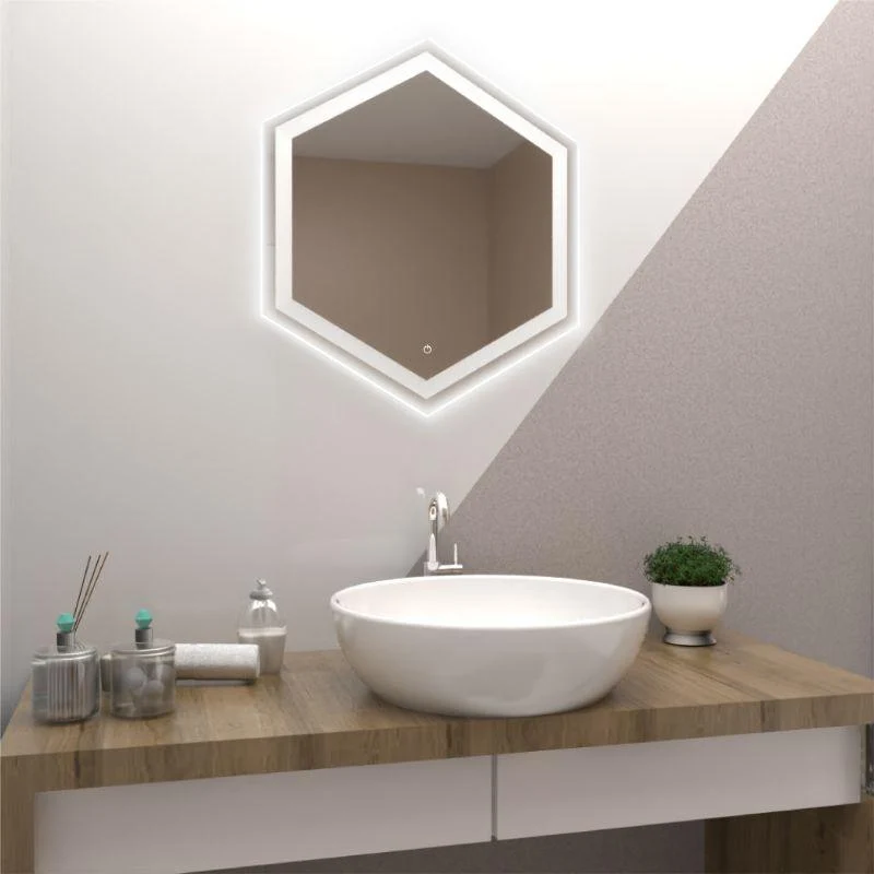 Espejo Hexagonal Wolf, Gris, con Luz LED y Botón Touch