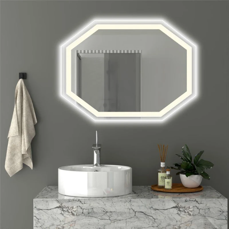 Espejo Hexagonal Mizu, Gris, con Luz LED