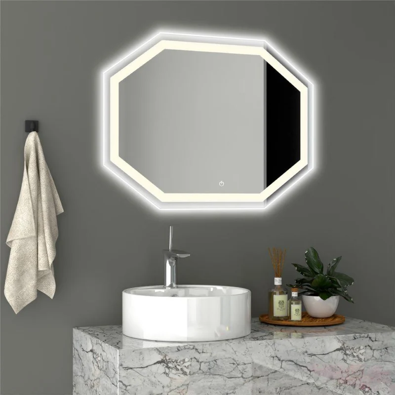 Espejo Hexagonal Mizu, Gris, con Luz LED y Botón Touch