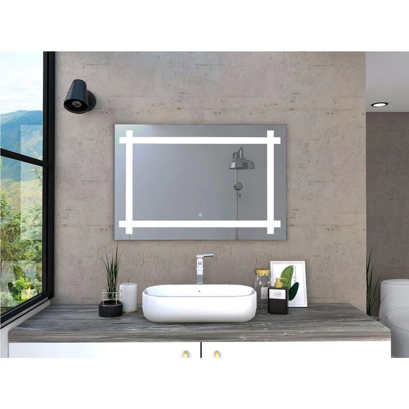 Espejo Rectangular Broni, Gris, con Luz LED y Botón Touch