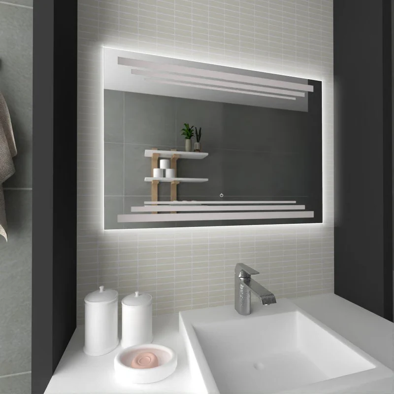 Espejo Rectangular Barú, Gris, con Luz LED y Botón Touch