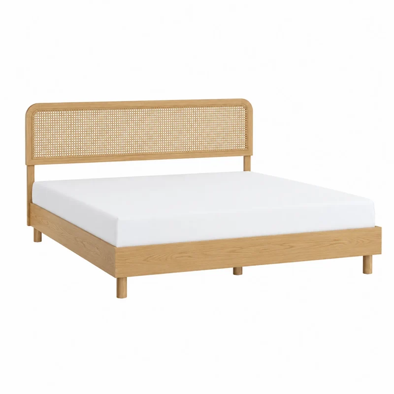 Cama de madera con cabecero de ratán 160x200 cm