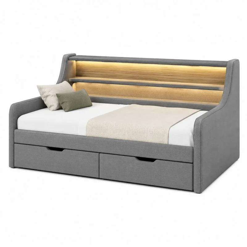 Cama nido tapizada con estante y luz LED Gris