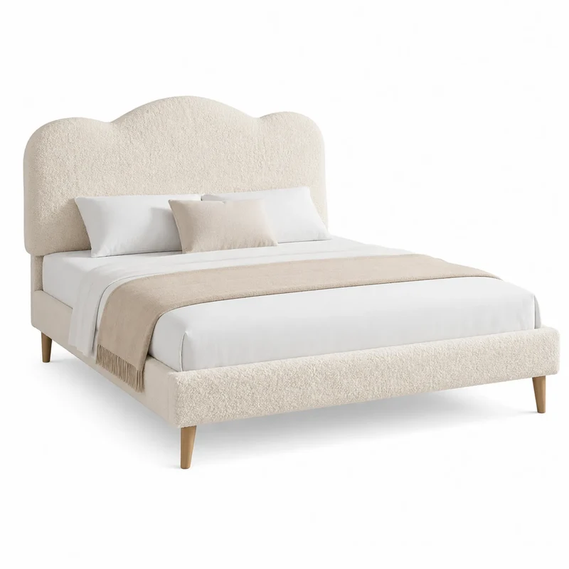 Cama de tela bouclé beige con cabecero curvo y patas de madera, 200x160 cm