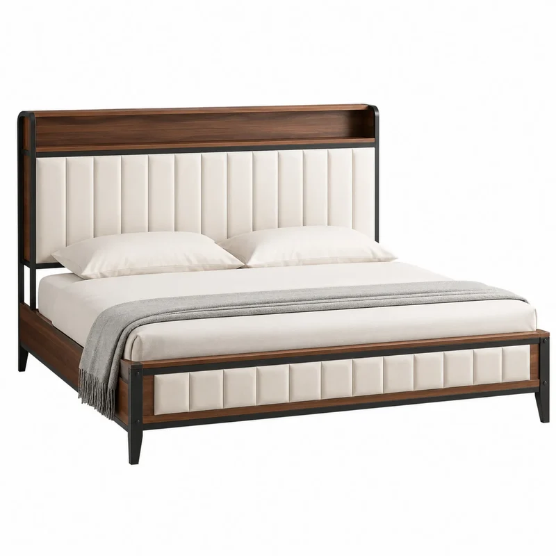 Cama de matrimonio de madera y metal con cabecera alta 200x160 cm