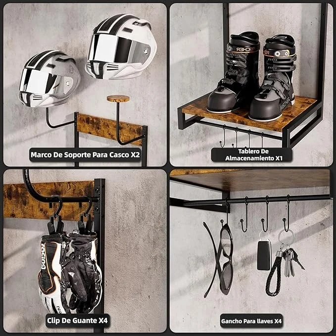 Soporte para Casco de Moto XL – Multifuncional 4 en 1, Montaje en Pared, Almacenamiento y Exhibición de Cascos y Accesorios