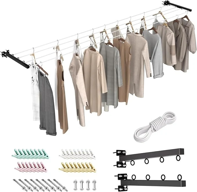 HOYRR Tendedero Plegable de Pared – Retráctil, 20 m de Cuerda, 30 Clips, Ideal para Dormitorios, Balcones y Espacios Pequeños