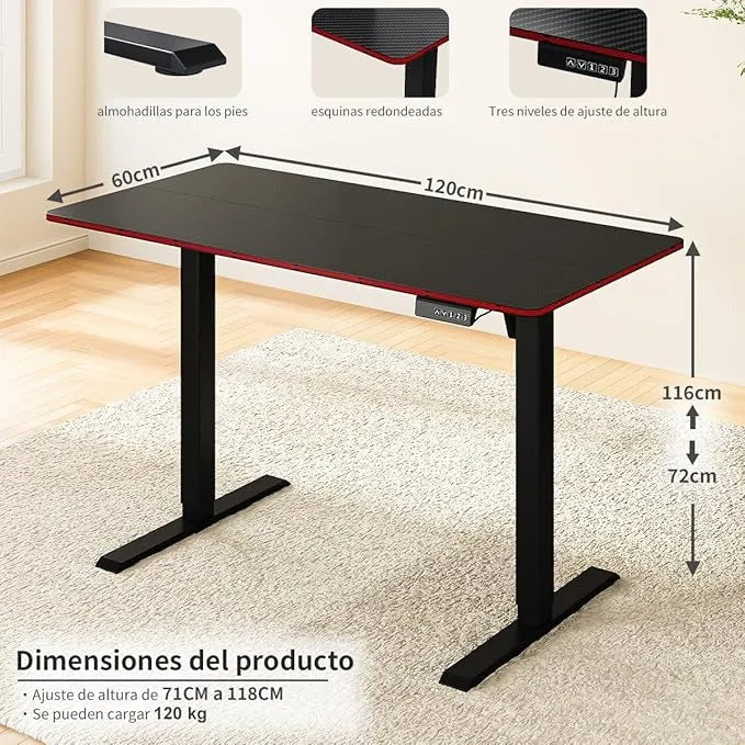 Escritorio Eléctrico Ajustable 120x60 cm | Escritorio Gamer y de Oficina con Panel de Fibra de Carbono