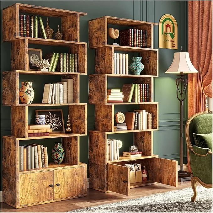 Librero Organizador en S Retro – 6 Pisos, con Puertas, para Sala, Estudio y Dormitorio (180x60x24 cm)