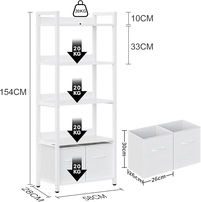 Librero Minimalista de 5 Niveles con Respaldo Semicerrado – Grande 155cm, con Cajón de Tela, Ideal para Dormitorio y Sala de Estar (Blanco)