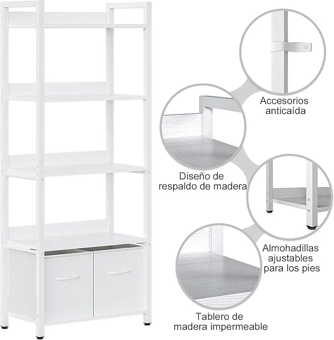 Librero Minimalista de 5 Niveles con Respaldo Semicerrado – Grande 155cm, con Cajón de Tela, Ideal para Dormitorio y Sala de Estar (Blanco)