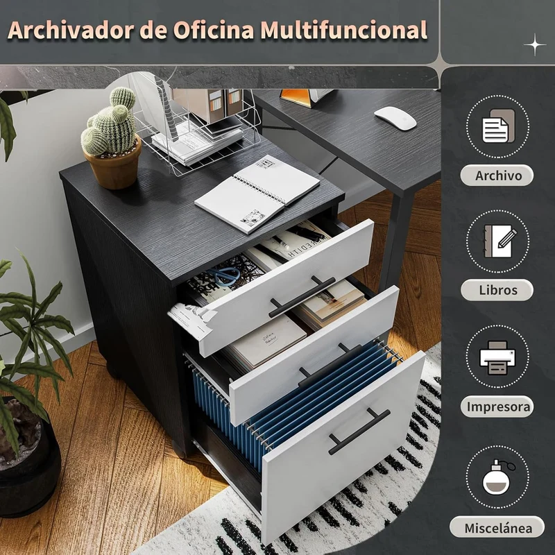 Archivero de Madera Blanco y Negro con 3 Cajones | Organizador de Oficina con Ruedas y Espacio para Impresora