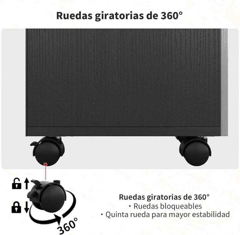 Archivero de Madera Blanco y Negro con 3 Cajones | Organizador de Oficina con Ruedas y Espacio para Impresora