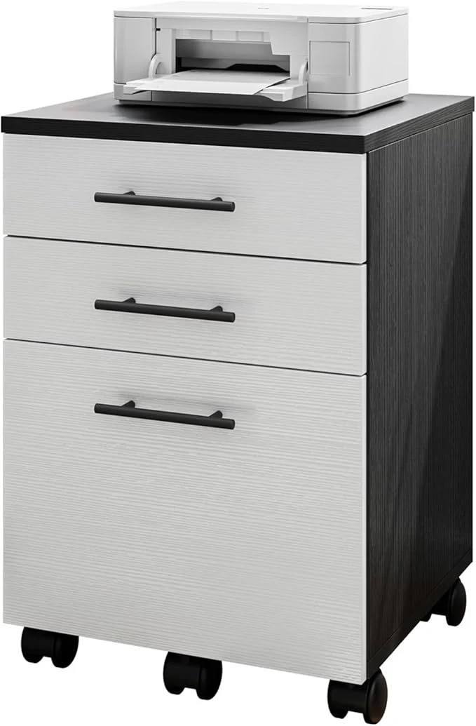 Archivero de Madera Blanco y Negro con 3 Cajones | Organizador de Oficina con Ruedas y Espacio para Impresora