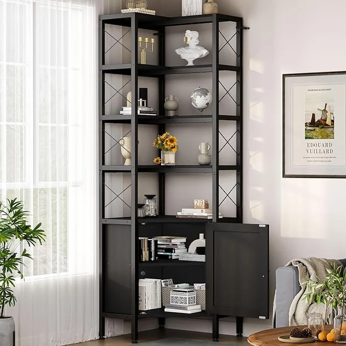 Librero Esquinero de 5 Niveles con Puerta | Mueble Organizador de Almacenaje 200cm | Estilo Minimalista para Hogar u Oficina