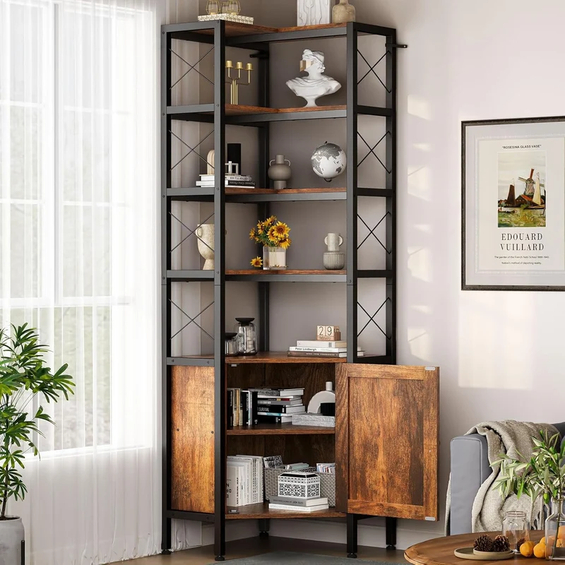 Librero Esquinero de 5 Niveles con Puerta | Mueble Organizador de Almacenaje 200cm | Estilo Minimalista para Hogar u Oficina