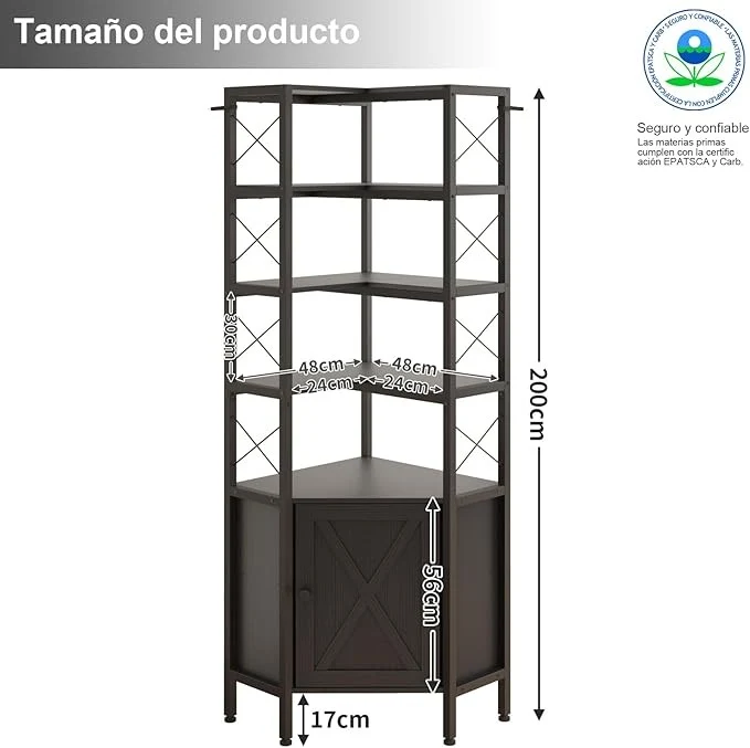 Librero Esquinero de 5 Niveles con Puerta | Mueble Organizador de Almacenaje 200cm | Estilo Minimalista para Hogar u Oficina