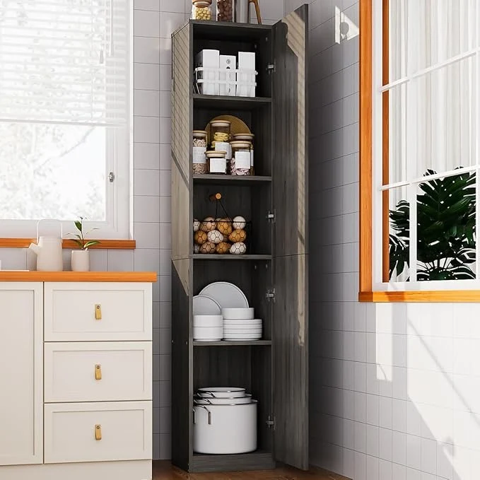 Mueble Organizador de 5 Niveles con Puertas | Librero Estrecho de Madera para Cocina, Sala o Despensa