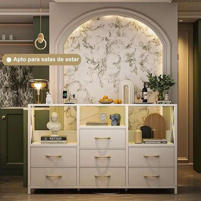 Cajonera Tocador con Luz LED y Enchufe | Mueble Organizador con 7 Cajones de Tela para Recámara Moderna