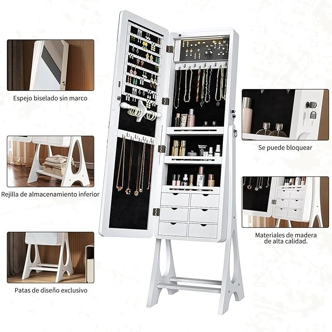Espejo Joyero con Luces LED y Llave | Espejo Organizador de Pie y de Puerta con Almacenamiento para Joyería – 155×42×36 cm