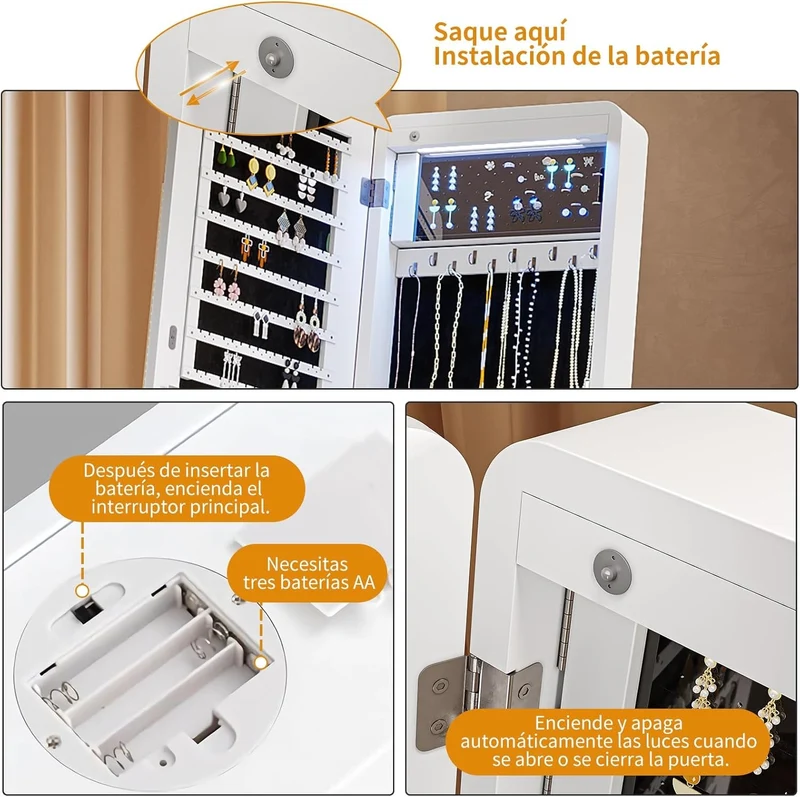 Espejo Joyero con Luces LED y Llave | Espejo Organizador de Pie y de Puerta con Almacenamiento para Joyería – 155×42×36 cm