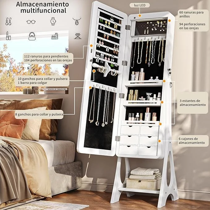Espejo Joyero con Luces LED y Llave | Espejo Organizador de Pie y de Puerta con Almacenamiento para Joyería – 155×42×36 cm