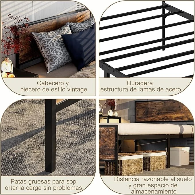 Base de Cama Matrimonial con Cabecera y Pie – Estructura Metálica Resistente con Lamas de Soporte | Diseño Simple y Moderno para Dormitorio