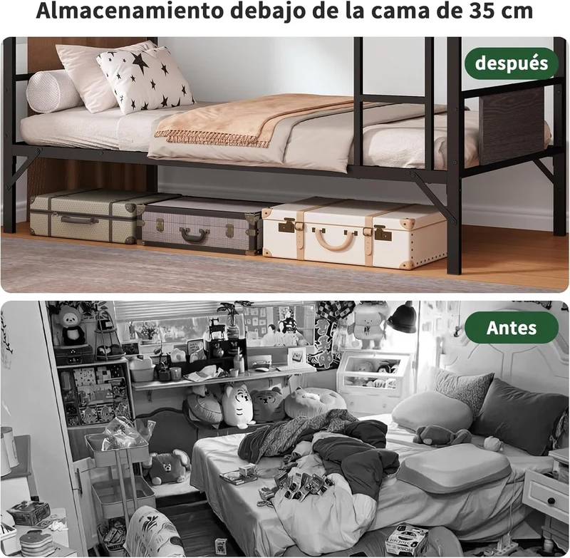 Litera Individual y Matrimonial de Hierro y Madera | Fuerte, Estable y Segura con Barandillas y Escalera – Ideal para Adultos y Hogar