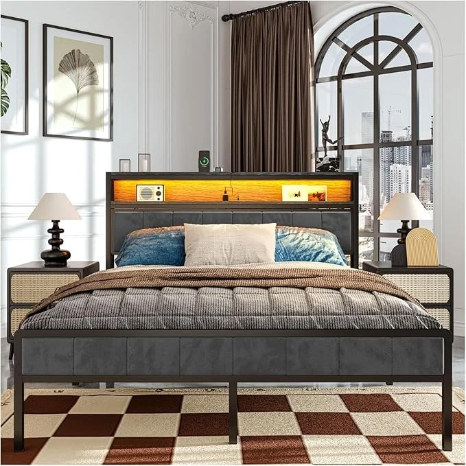 Cama Matrimonial Ajustable Okán – Cabecero con Almacenamiento, Cojines Grises, 2 Puertos USB y Luces LED