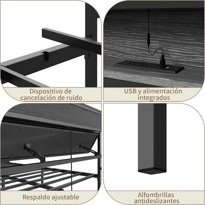 Cama Matrimonial Ajustable Okán – Cabecero con Almacenamiento, Cojines Grises, 2 Puertos USB y Luces LED