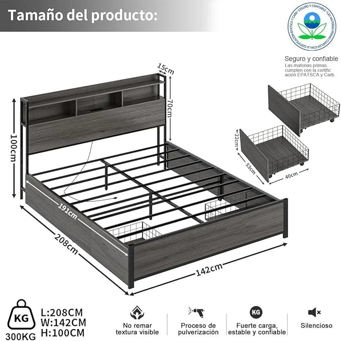 Base de Cama Matrimonial 1.4 m Simple Hogar – Con Almacenamiento, 2 Cajones, 2 Salidas de Carga, 2 Puertos USB y Luces LED