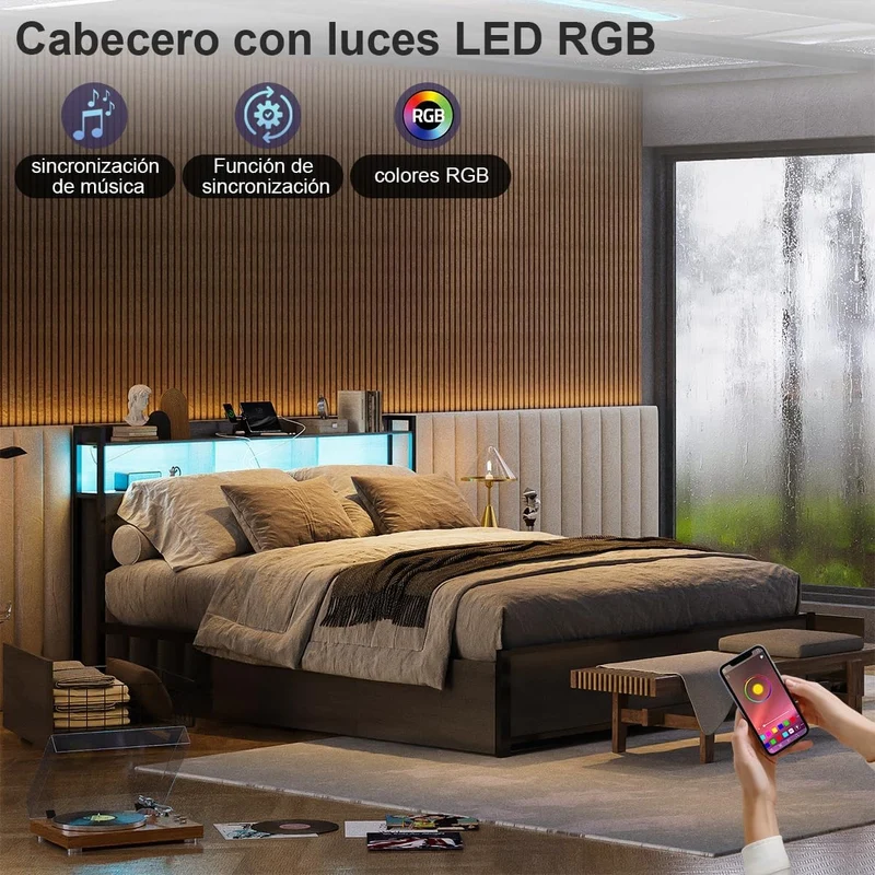 Base de Cama Matrimonial 1.4 m Simple Hogar – Con Almacenamiento, 2 Cajones, 2 Salidas de Carga, 2 Puertos USB y Luces LED