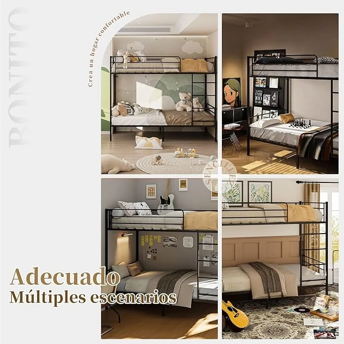 Litera de Metal Negra – Cama Alta con Barandilla y Escalera, Fuerte y Estable, para 1 Persona por Nivel, Individual o Matrimonial, 200×106×160 CM