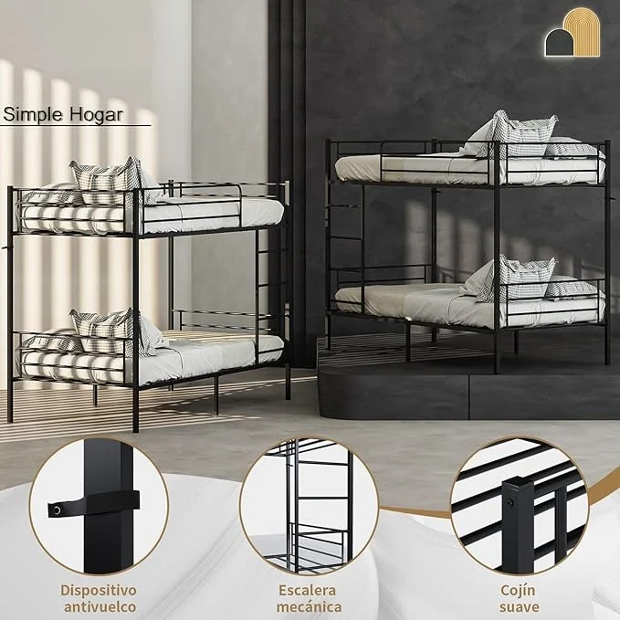 Litera de Metal Negra – Cama Alta con Barandilla y Escalera, Fuerte y Estable, para 1 Persona por Nivel, Individual o Matrimonial, 200×106×160 CM